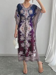 Solessence Mittlerer Osten/Arabischer Stil luftiger V-Ausschnitt atmungsaktives hochwertiges lässiges Umwandlungs-Taille schlankemachendes Urlaubs-Kurzarm-Kleid, Abaya in Große Größen - Violett - Übersicht 7