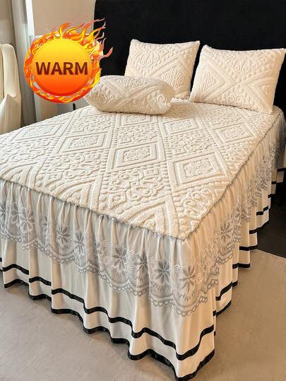 三件套塔夫绸蕾丝床裙套装（1条床裙+2个枕套），蕾丝花边装饰，时尚优雅，吸湿排汗，透气，抗皱，静音，可拆卸床垫罩