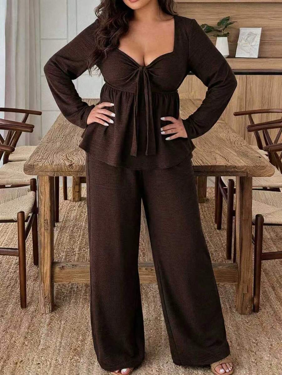Plus Size Women's 2 Pieces Set, Tie-Up Design, Fitted Silhouette, Long Sleeve Square Neck Top, Woven Fabric, Solid Color Long Pants, Women's Solid Color 2 Pieces Set, Casual Daily Style, Relaxed Homewear Vibe, Elegant - Mocha Brown - View 1