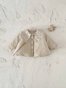 Baby Girl Thick Warm Fleece Jacket With Hollow Ruffle Collar, Casual Apricot Color, Winter - Apricot - View 7