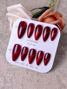 10 piezas de uñas postizas hechas a mano, uñas cortas, uñas falsas, uñas con forma de almendra, uñas francesas puntiagudas, uñas rosas, uñas rojas, uñas blancas, uñas plateadas, con superficie de uñas decorada con líneas plateadas pintadas a mano, elegantes y exquisitas, incluye herramientas de manicura, fáciles de usar y quitar. - Rojo - Ver 6