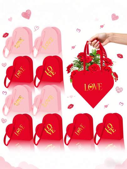 12pcs Heart-Shaped Flower Boxes, Heart-Shaped Storage Buckets, Valentine's Day Bouquet Paper Flower Bags With Handles, Suitable For Flower Shops, Bridal Showers, Baby Showers And Other Occasions.