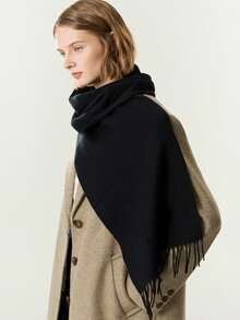 1条女士简约纯色常规流苏仿羊绒围巾，优雅时尚的秋冬季保暖围脖，适合换季、日常佩戴，防风保暖。 - 黑色 - 查看 8