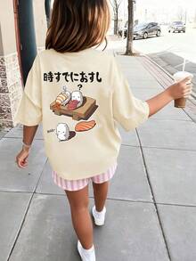 1 Pc Girls Cute Sushi Print Short Sleeve T-Shirt, Comfortable & Fashionable Summer Top For Young Students