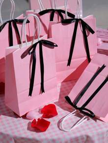 4pcs/2sets Pink Gift Bags With Black Bow Design, Suitable For Mother's Day, Birthday, Party Favors, Theme Parties, Tabletop Decor, Weddings, Bridal Shower (With Handles) - 彩色 - 查看 3