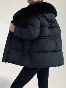 Women's Winter 2025 Coat – Hooded Fluffy, Warm Padding, Adjustable Waist, Casual Style - Black - View 4