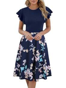 Women's Semi-Formal Ruffle Sleeve V-Back Work Fit And Flare Cocktail Knee Length Dress With Pockets, 2025 Style - Blue Floral - 查看 10