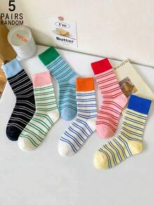 5 Pairs Random Color Candy-Colored Stripe Crew Socks For Women,Fresh And, Fall - Multicolor - View 11