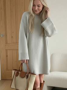 女士优雅宽松针织毛衣连衣裙，灰色圆领长袖，简约休闲，穿着舒适，适合日常和户外活动 - 淺灰色 - 查看 6