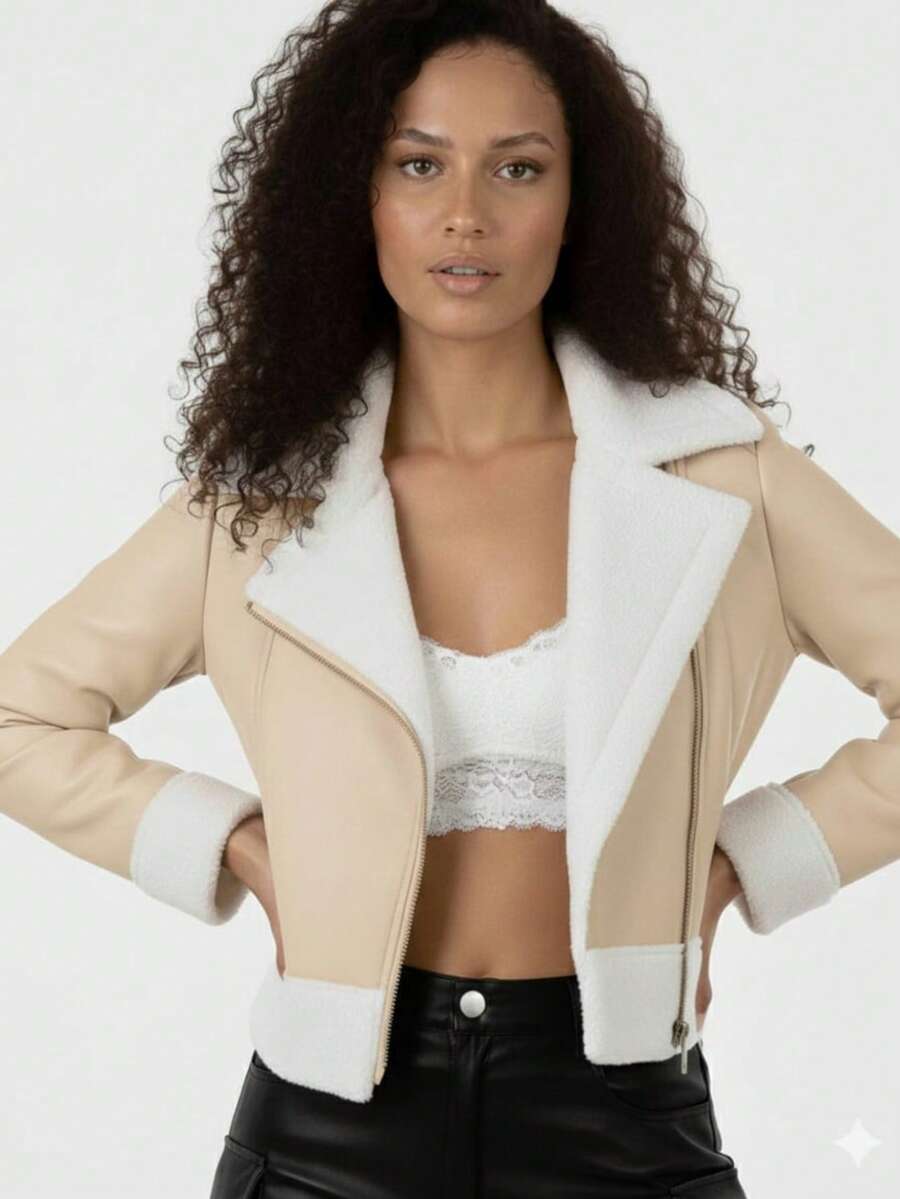 Chaqueta corta Vinipiel informal elegante de manga larga para mujer, color negro, con cuello peludo y forro cálido, estilo motero. - Beis - Ver 1