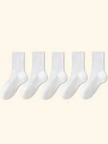 5pairs/Set Solid Color Socks For Women, Sports & Casual Knee High Sock Set, Autumn/Winter - White - View 4