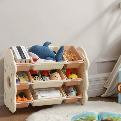 OYAJIA Kinderregal, Spielzeugregal, Bücherregal Kinder, Bücherregal Kinder Erscheinung des Pinguins mit 9 Aufbewahrungsboxen aus Kunststoff, Spielzeugkiste Kinderzimmer-Regal, geräumig, 84 * 40 * 63 cm, Cremeweiß