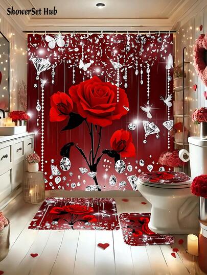 Valentine's Day Decorations1/3/4pcs Luxury Red Rose & Diamond Shower Curtain Bathroom Sets, Featuring Sparkling Gems & Butterflieswaterproof And Wear-Resistant Accessories,With 12 Hooks - Includes Toilet Seat Cover, Bath Mats, And Rugs - Plastic Fabric - Washable,Mildew-Resistant - Perfect For Holiday Decor,Home/Bedroom/House/Western/Spring Decor,