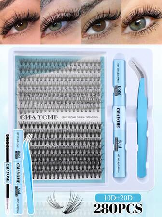 280 piezas Pestañas individuales con rizo D con adhesivo y sellador, pinzas, kit de pestañas postizas DIY de alta capacidad de uso, paquetes de pestañas postizas DIY + pinzas, aspecto natural y suave, set de extensiones de pestañas postizas de gran capacidad, set de pestañas postizas gruesas y esponjosas, kit amigable para principiantes, para diferentes tipos de maquillaje de ojos, adecuado para diferentes tipos de maquillaje de ojos