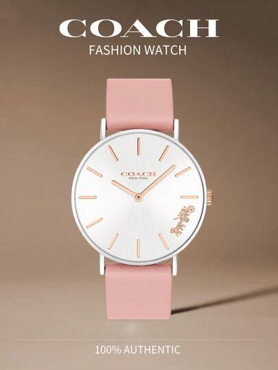 Coach 粉色皮革表带女士石英腕表，银色不锈钢圆形表壳，优雅休闲礼品女士手表，14503258