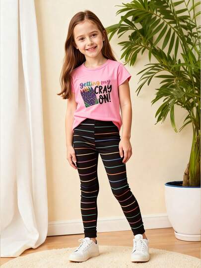 4-8Y Girls Crayon Themed Top With Graphic Slogan + Colorful Striped Pants, Comfortable 2 Pieces Set