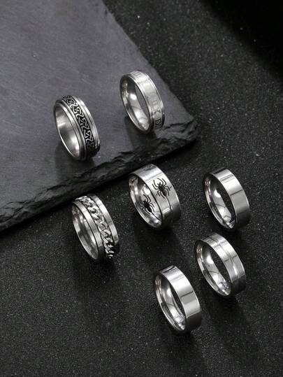 7pcs Fashionable Casual Stainless Steel Silver Men's Ring Set, Includes Spider & Chain Element Rings, Suitable For Men's Daily Wear, Festivals, Dates, Engagements, Weddings, Gifts