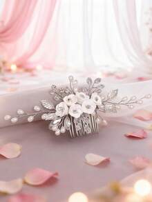 1件新娘优雅甜美珍珠水钻陶瓷花朵侧边头饰，精致婚纱发饰，带梳子 - 63263 - 查看 2
