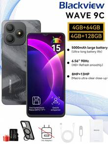 Blackview WAVE 9C Unlocked Smartphone, Android 15 OS, 5000mAh Battery, 10W Fast Charging, Octa-Core Processor (4+8 Cores, Expandable), GB+64GB/128GB/SD 1TB Storage, 6.56" HD+ Display, 3 Card Slots, 4G Dual SIM Dual Standby, 13MP+8MP Rear Cameras - Black - View 2