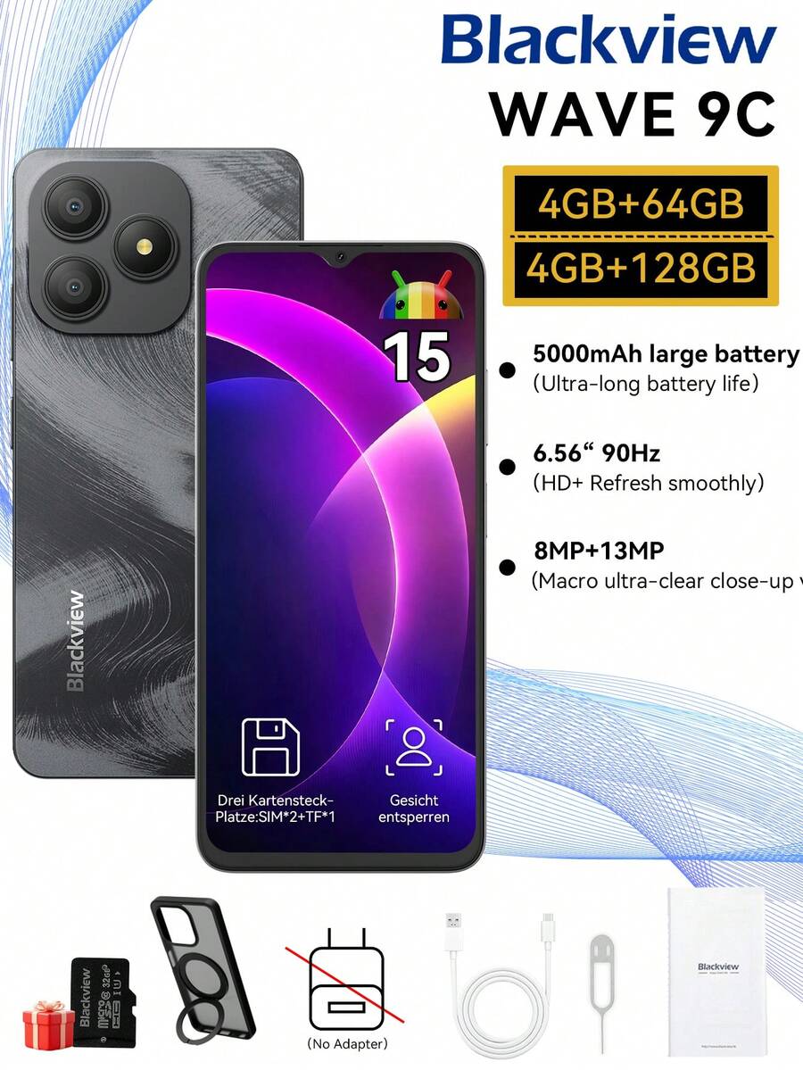 Blackview WAVE 9C Unlocked Smartphone, Android 15 OS, 5000mAh Battery, 10W Fast Charging, Octa-Core Processor (4+8 Cores, Expandable), GB+64GB/128GB/SD 1TB Storage, 6.56" HD+ Display, 3 Card Slots, 4G Dual SIM Dual Standby, 13MP+8MP Rear Cameras