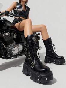 Goth Platform Chunky Boots For Women Lace Up Round Toe Rivet Combat Boots Daily Casual Cosplay Or Gothic Dresses Halloween Concert Festival Mid-Calf Boots - 黑色 - 查看 4
