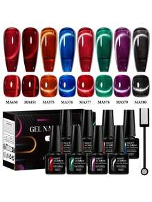 8pcs 7ml Cat Eye Gel Nail Polish Set, Red Blue Magnetic Cateye Gel Polish With Magnet Stick Included, Semi Permanent Soak Off Nail Art UV Gel Varnish For Valentines Decor Manicure Kit With Box Nail Art DIY Gift For Women Nails - 彩色 - 查看 12