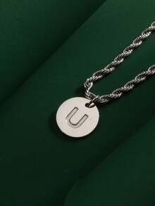1pc Fashionable Hiphop Stainless Steel Round Disc 26 Letters A-Z Pendant With Stainless Steel Twisted Chain Necklace, Suitable For Men's Daily Wear - Steel-colored Round Letter Necklace - View 24