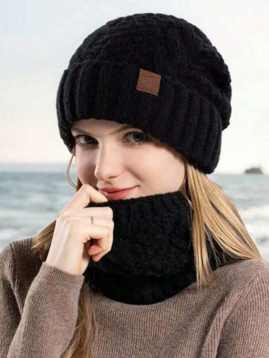 1 Set Black Winter European And American Style Knitted Hat And Scarf Set For Women, Thick Ear Warmer Beanie, Outdoor Cycling Casual Accessory