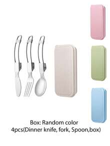 3pcs/4pcs Portable Stainless Steel Cutlery Set, Made Of 304 Stainless Steel, With A Folding Design And Storage Box. Includes Fork, Spoon And Storage Box – Perfect For The Office, School, Kitchen, Picnic, Camping And Outdoor Activities. Also Makes A Lovely Gift, Suitable As A New Year's Gift Or Back-To-School Gift. - Silver - View 7