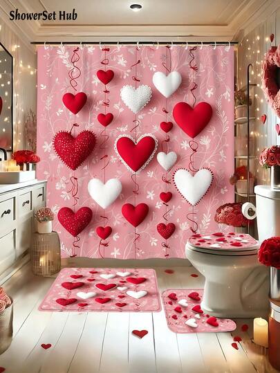 情人节装饰品 1/3/4 件套，红白毛绒爱心图案浴帘浴室套装，浪漫防水耐磨配件，带 12 个挂钩 - 包括马桶盖套、浴垫和地毯 - 塑料面料 - 可水洗，防霉 - 非常适合节日装饰、家居/卧室/住宅/西式/春季装饰。