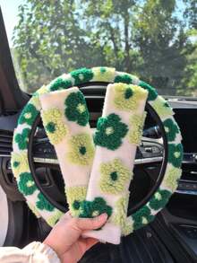 3pcs/2pcs Car Interior Package Flower Plush Winter Car Steering Wheel Cover And Seat Belt Shoulder Cover Anti Slip, Warm, Cute, Personalized, Four Season Universal