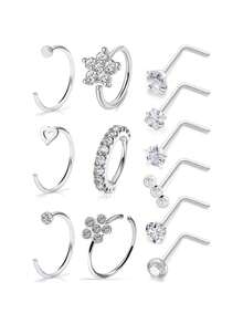 12PCS 20G StainlessSteel Nose Rings Hoop For Women Men Paved CZ Flower Nose Piercing Jewelry L ShapedNose Ring Stud Set - Style 1 - View 6