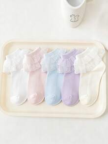 5 Pairs Cotton Colorful Dopamine Candy Color Lace Trim Princess Dance Socks For Toddlers & Kids - Multicolor - View 3