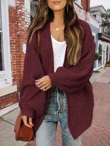 1件女士纯色休闲长袖灯笼袖针织开衫，秋冬季，长袖上衣，锚红色