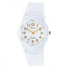 CITIZEN Q&Q Unisex analog kvartsklocka, VS06-001 modell, 40 mm rund vit urtavla med söt design, 10 bar vattentålig, lämplig för vardags- och festkläder, perfekt present till honom/henne - Vitt och guld - Visa 1