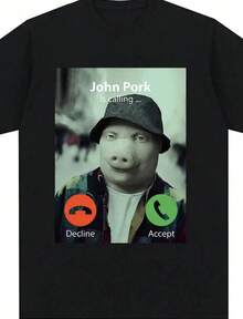 John Pork Is Calling Answer Call Phone T-Shirt Funny Humor Pig Meme Design Graphic T Shirt Fashion Short Sleeve Oversize - 黑色 - 查看 1