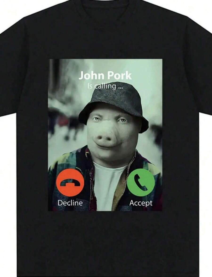 John Pork Is Calling Answer Call Phone T-Shirt Funny Humor Pig Meme Design Graphic T Shirt Fashion Short Sleeve Oversize - 黑色 - 查看 1
