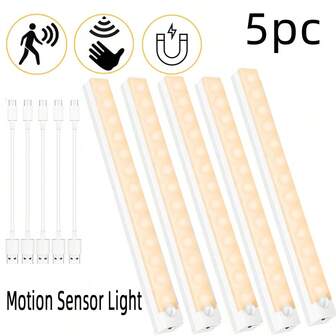 5 Packs Rechargeable Motion Sensor Lights For Under Cabinets, Indoor Use, White And Warm Light, Adjustable Brightness, Battery-Powered USB, Adhesive LED Magnetic Under-Cabinet Lights Suitable For Kitchen, Stairs, Hallway, Bedroom, Study Lighting, Christmas And Halloween Gifts