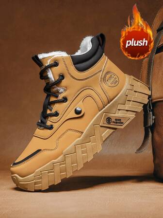 2025 Winter New Men's Boots, Retro Thick Sole Increase Height Leather Boots, Khaki Warm Fur Lining Outdoor Street Fashion Motorcycle Riding Boots, European And American Style Outdoor Travel Desert Boots, Mid-Calf Boots