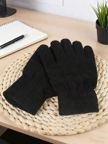 2只/套 成人纯色针织保暖腈纶混纺高弹力魔术手套，5指平底冬季手套
