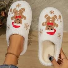 女士舒适姜饼人图案拖鞋，加厚保暖内衬，室内/室外两用，冬季圣诞节适用 - 白色 - 查看 4
