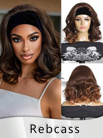 Peluca corta de color marrón con ondas y diadema de 12 pulgadas para mujeres, peluca sintética resistente al calor para uso diario y de fiesta, color marrón con reflejos, regalos para mujeres, decoraciones navideñas, regalos navideños, disfraces de fiesta