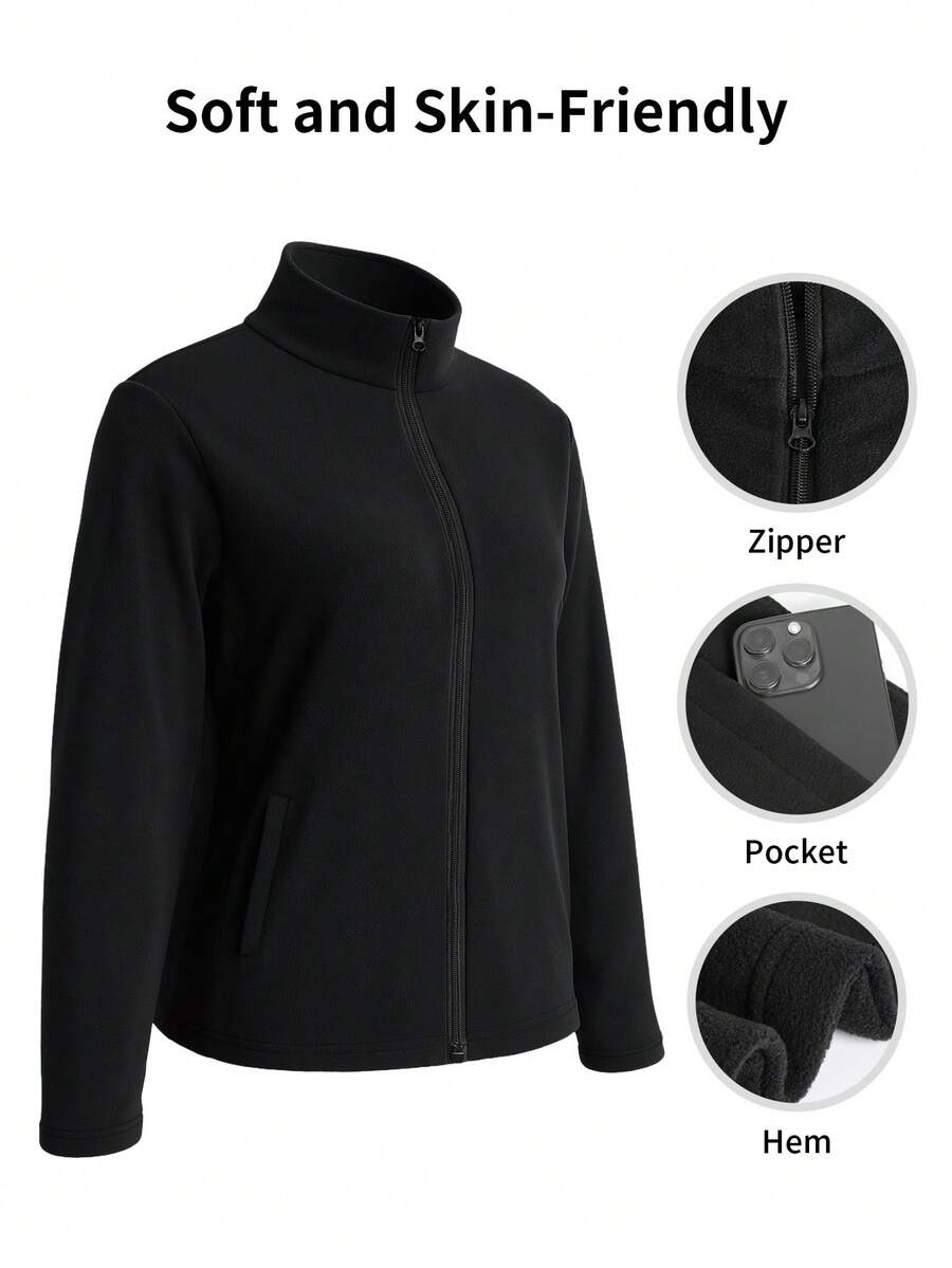 Women's Autumn/Winter Sports Jacket, Slim Fit Long Sleeve Top, Soft & Comfortable Sherpa Collar Zip-Up, Suitable For Gym, Running, Commuting And Casual Daily Wear - Black - View 1