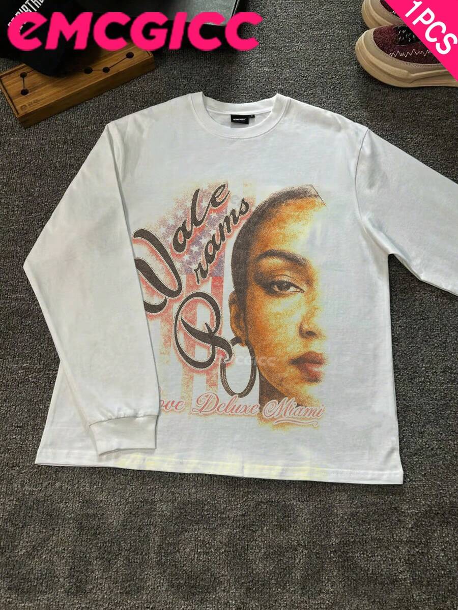 EMCGICC Manfinity Y2k Long Sleeve Shirts ,Motocore Graphic T Shirt Cotton 250g,Fashionable Hip-Hop For Men - Long Sleeve T-Shirts, Art Punk Funny Vintage Shirts,Regular Fit, Street Style, Digital Print, Ideal Gift - 白色 - 查看 1