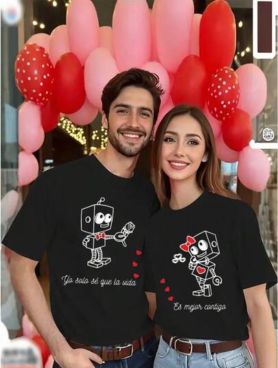 1pc Camiseta de Cuello con Mangas Impresas para Parejas, Top Casual de Manga Corta para Primavera y Verano, Ropa de Mujer (se vende por separado para hombres y mujeres)