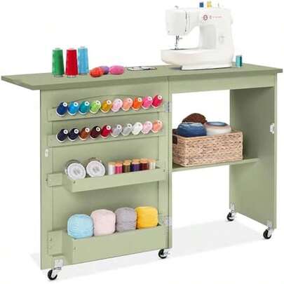 Folding Sewing Table For Crafting Multipurpose With Compact Design Wheels Shelves Storage Trays Pegs Magnetic Doors Metal Doorknobs Light Green