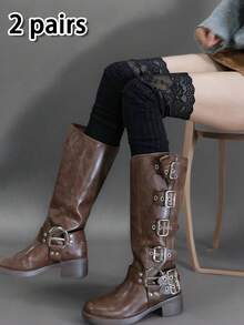 1/2/3双女士纯色蕾丝针织及膝袜，搭配长靴时尚穿搭，修饰腿型，长袜款，适合日常使用 - 黑色 - 查看 9