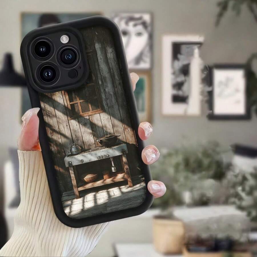 Cubierta de telefono con borde negro diseño de cocina rústica en madera para uso diario - Negro - Ver 1