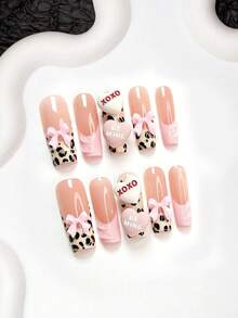 10pcs Leopard Print Nail Art Set, French Manicure Stickers, Almond Shape Nail Stickers, Square Nails, Duck Beak Nails, Water Drop Decorative Fake Nails, 3D Hearts, Pink Bow Nail Decor, Includes Tool Kit (1 Jelly Sticker + 1 Nail File), Suitable For Women And Girls, Daily Photo, Party, Valentine's Day Nail Supplies - 彩色 - 查看 4