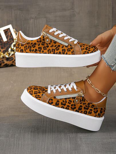 2025 New Thick Sole Fashionable Sporty Sneakers For Women, Round Toe, Lace-Up, Side Zipper, Leopard Print Contrast Color, Platform, Casual & Versatile Low-Top Shoes